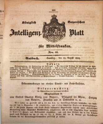 Königlich Bayerisches Intelligenzblatt für Mittelfranken (Ansbacher Intelligenz-Zeitung) Samstag 18. August 1849