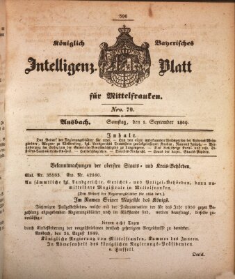 Königlich Bayerisches Intelligenzblatt für Mittelfranken (Ansbacher Intelligenz-Zeitung) Samstag 1. September 1849