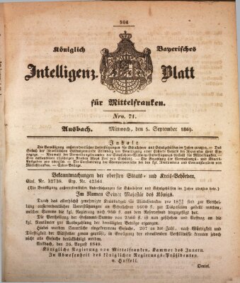 Königlich Bayerisches Intelligenzblatt für Mittelfranken (Ansbacher Intelligenz-Zeitung) Mittwoch 5. September 1849