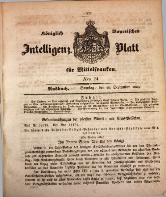 Königlich Bayerisches Intelligenzblatt für Mittelfranken (Ansbacher Intelligenz-Zeitung) Samstag 15. September 1849