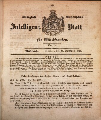 Königlich Bayerisches Intelligenzblatt für Mittelfranken (Ansbacher Intelligenz-Zeitung) Samstag 22. September 1849