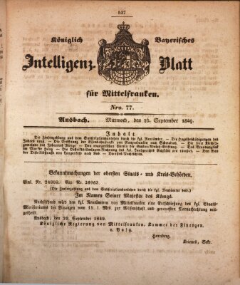 Königlich Bayerisches Intelligenzblatt für Mittelfranken (Ansbacher Intelligenz-Zeitung) Mittwoch 26. September 1849