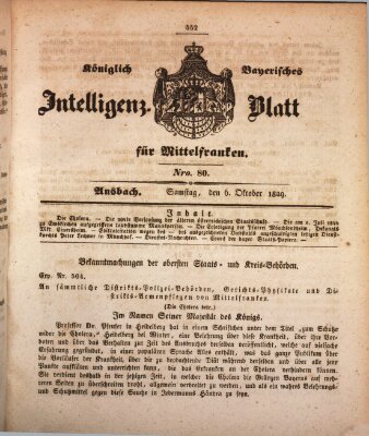 Königlich Bayerisches Intelligenzblatt für Mittelfranken (Ansbacher Intelligenz-Zeitung) Samstag 6. Oktober 1849