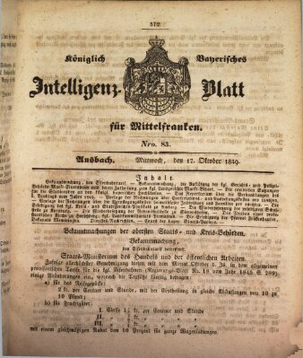 Königlich Bayerisches Intelligenzblatt für Mittelfranken (Ansbacher Intelligenz-Zeitung) Mittwoch 17. Oktober 1849