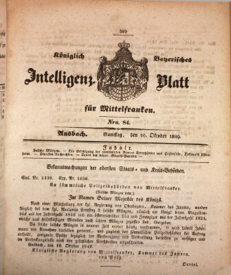 Königlich Bayerisches Intelligenzblatt für Mittelfranken (Ansbacher Intelligenz-Zeitung) Samstag 20. Oktober 1849