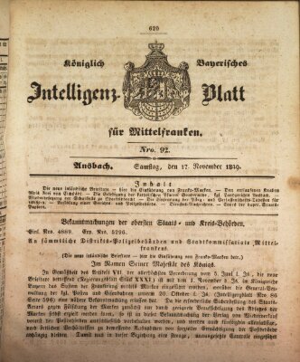 Königlich Bayerisches Intelligenzblatt für Mittelfranken (Ansbacher Intelligenz-Zeitung) Samstag 17. November 1849