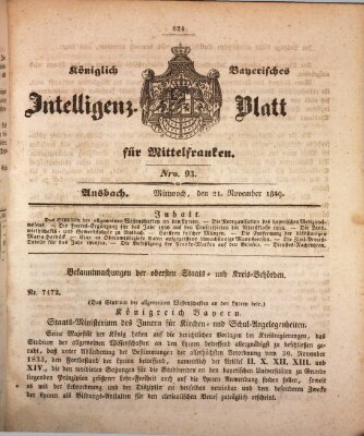 Königlich Bayerisches Intelligenzblatt für Mittelfranken (Ansbacher Intelligenz-Zeitung) Mittwoch 21. November 1849