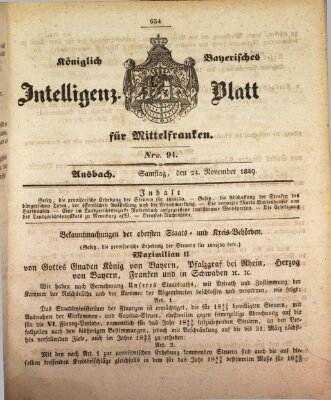 Königlich Bayerisches Intelligenzblatt für Mittelfranken (Ansbacher Intelligenz-Zeitung) Samstag 24. November 1849