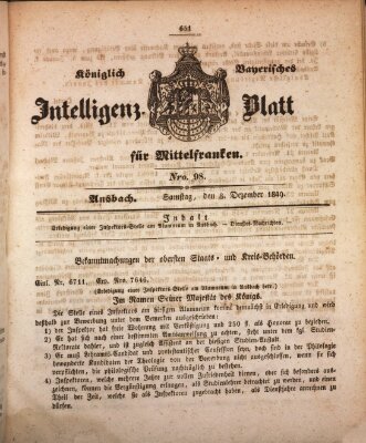 Königlich Bayerisches Intelligenzblatt für Mittelfranken (Ansbacher Intelligenz-Zeitung) Samstag 8. Dezember 1849