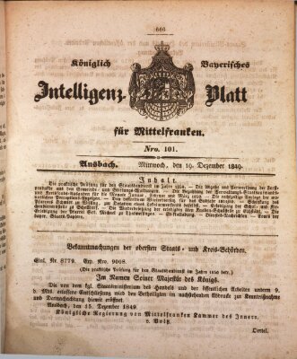 Königlich Bayerisches Intelligenzblatt für Mittelfranken (Ansbacher Intelligenz-Zeitung) Mittwoch 19. Dezember 1849