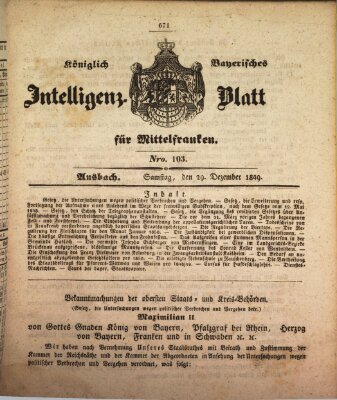 Königlich Bayerisches Intelligenzblatt für Mittelfranken (Ansbacher Intelligenz-Zeitung) Samstag 29. Dezember 1849