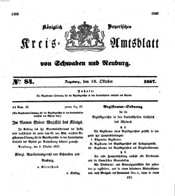 Königlich Bayerisches Kreis-Amtsblatt von Schwaben und Neuburg Montag 12. Oktober 1857