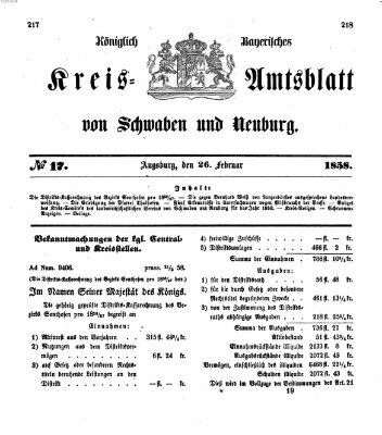 Königlich Bayerisches Kreis-Amtsblatt von Schwaben und Neuburg Freitag 26. Februar 1858