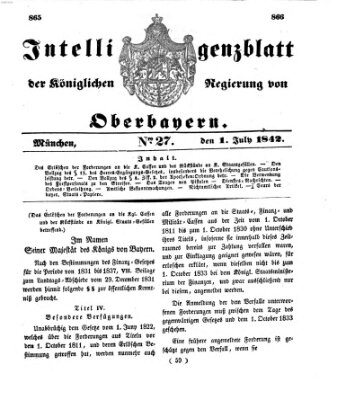 Intelligenzblatt der Königlichen Regierung von Oberbayern (Münchner Intelligenzblatt) Freitag 1. Juli 1842