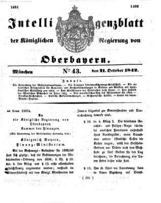 Intelligenzblatt der Königlichen Regierung von Oberbayern (Münchner Intelligenzblatt) Freitag 21. Oktober 1842