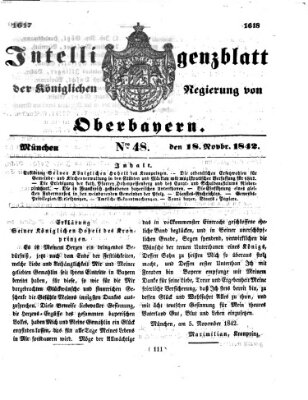 Intelligenzblatt der Königlichen Regierung von Oberbayern (Münchner Intelligenzblatt) Freitag 18. November 1842