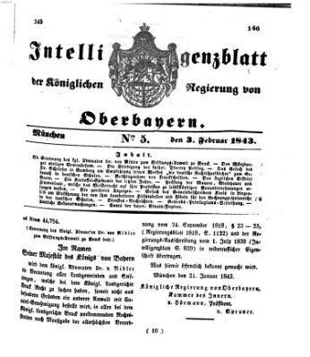 Intelligenzblatt der Königlichen Regierung von Oberbayern (Münchner Intelligenzblatt) Freitag 3. Februar 1843