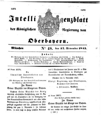 Intelligenzblatt der Königlichen Regierung von Oberbayern (Münchner Intelligenzblatt) Freitag 17. November 1843