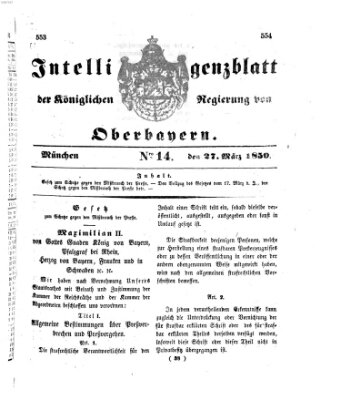 Intelligenzblatt der Königlichen Regierung von Oberbayern (Münchner Intelligenzblatt) Mittwoch 27. März 1850