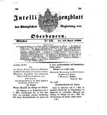 Intelligenzblatt der Königlichen Regierung von Oberbayern (Münchner Intelligenzblatt) Freitag 19. April 1850