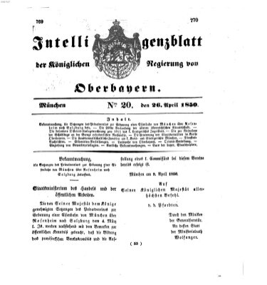 Intelligenzblatt der Königlichen Regierung von Oberbayern (Münchner Intelligenzblatt) Freitag 26. April 1850