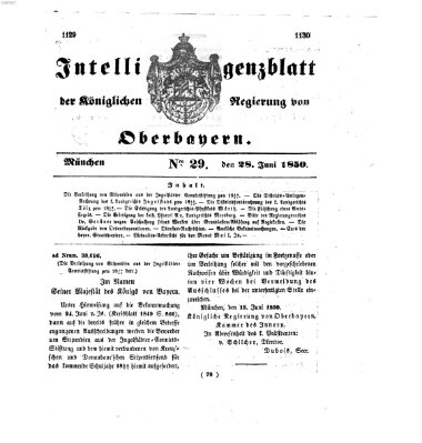 Intelligenzblatt der Königlichen Regierung von Oberbayern (Münchner Intelligenzblatt) Freitag 28. Juni 1850