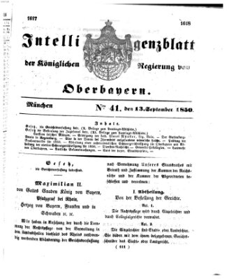 Intelligenzblatt der Königlichen Regierung von Oberbayern (Münchner Intelligenzblatt) Freitag 13. September 1850