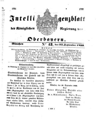 Intelligenzblatt der Königlichen Regierung von Oberbayern (Münchner Intelligenzblatt) Freitag 27. September 1850