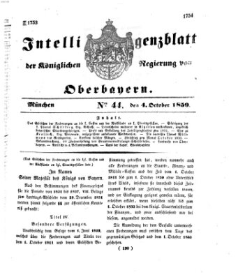 Intelligenzblatt der Königlichen Regierung von Oberbayern (Münchner Intelligenzblatt) Freitag 4. Oktober 1850