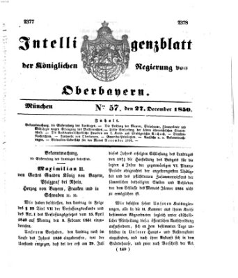 Intelligenzblatt der Königlichen Regierung von Oberbayern (Münchner Intelligenzblatt) Freitag 27. Dezember 1850