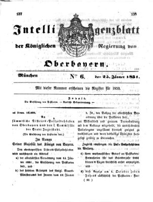 Intelligenzblatt der Königlichen Regierung von Oberbayern (Münchner Intelligenzblatt) Samstag 25. Januar 1851