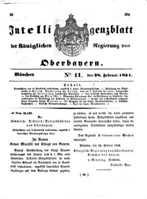 Intelligenzblatt der Königlichen Regierung von Oberbayern (Münchner Intelligenzblatt) Freitag 28. Februar 1851