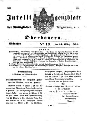 Intelligenzblatt der Königlichen Regierung von Oberbayern (Münchner Intelligenzblatt) Freitag 14. März 1851