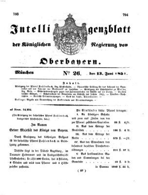 Intelligenzblatt der Königlichen Regierung von Oberbayern (Münchner Intelligenzblatt) Freitag 13. Juni 1851