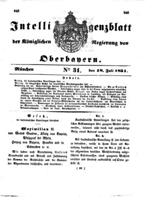 Intelligenzblatt der Königlichen Regierung von Oberbayern (Münchner Intelligenzblatt) Freitag 18. Juli 1851