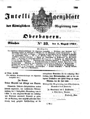 Intelligenzblatt der Königlichen Regierung von Oberbayern (Münchner Intelligenzblatt) Freitag 1. August 1851