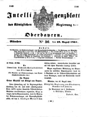 Intelligenzblatt der Königlichen Regierung von Oberbayern (Münchner Intelligenzblatt) Dienstag 19. August 1851