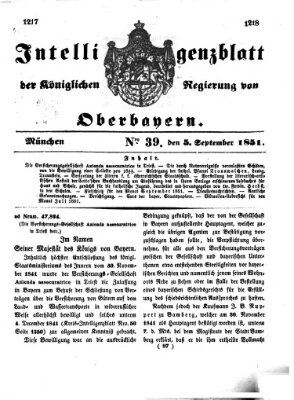 Intelligenzblatt der Königlichen Regierung von Oberbayern (Münchner Intelligenzblatt) Freitag 5. September 1851