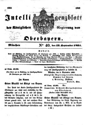 Intelligenzblatt der Königlichen Regierung von Oberbayern (Münchner Intelligenzblatt) Freitag 12. September 1851