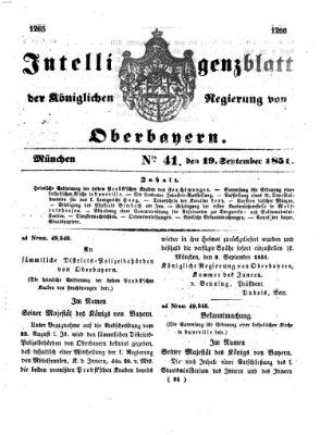 Intelligenzblatt der Königlichen Regierung von Oberbayern (Münchner Intelligenzblatt) Freitag 19. September 1851