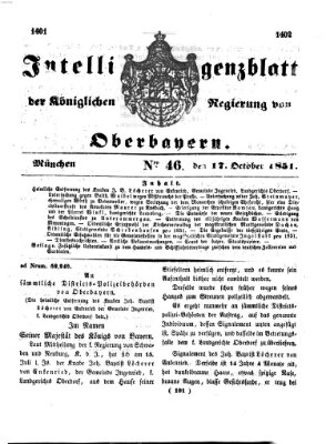 Intelligenzblatt der Königlichen Regierung von Oberbayern (Münchner Intelligenzblatt) Freitag 17. Oktober 1851