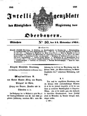 Intelligenzblatt der Königlichen Regierung von Oberbayern (Münchner Intelligenzblatt) Freitag 14. November 1851