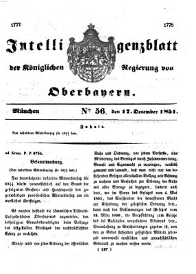 Intelligenzblatt der Königlichen Regierung von Oberbayern (Münchner Intelligenzblatt) Mittwoch 17. Dezember 1851