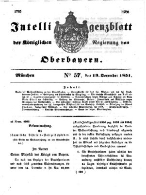 Intelligenzblatt der Königlichen Regierung von Oberbayern (Münchner Intelligenzblatt) Freitag 19. Dezember 1851