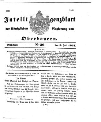 Intelligenzblatt der Königlichen Regierung von Oberbayern (Münchner Intelligenzblatt) Freitag 9. Juli 1852