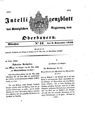 Intelligenzblatt der Königlichen Regierung von Oberbayern (Münchner Intelligenzblatt) Montag 6. September 1852