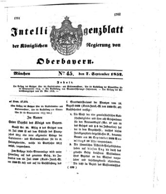 Intelligenzblatt der Königlichen Regierung von Oberbayern (Münchner Intelligenzblatt) Dienstag 7. September 1852