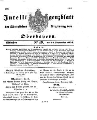 Intelligenzblatt der Königlichen Regierung von Oberbayern (Münchner Intelligenzblatt) Freitag 24. September 1852