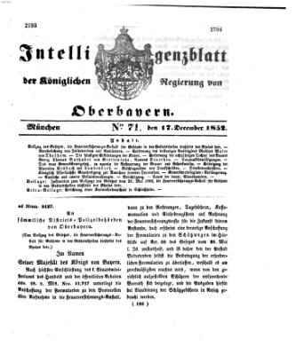 Intelligenzblatt der Königlichen Regierung von Oberbayern (Münchner Intelligenzblatt) Freitag 17. Dezember 1852