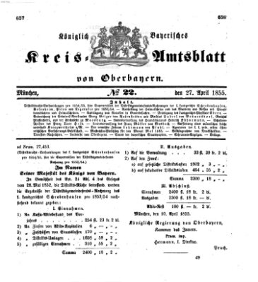 Königlich-bayerisches Kreis-Amtsblatt von Oberbayern (Münchner Intelligenzblatt) Freitag 27. April 1855